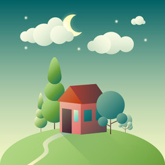 Flat cartoon landscape with lone house on hill