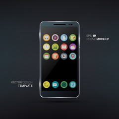 Shiny black smartphone with flat icon set. Realistic vector illustration