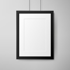 Black frame on white wall. Realistic vector illustration
