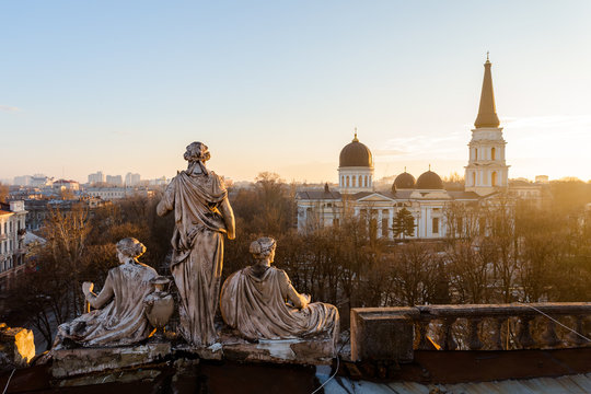 Sculptures On Women Russow House On Cathedral Square Near The Transfiguration Cathedral In Odessa.