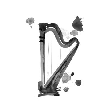 Isolated watercolor harp on white. Beautiful classic instrument.