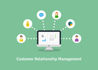 Organization of data on work with clients, CRM concept. Customer Relationship Management vector illustration.