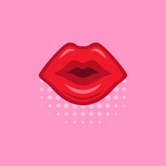 Red lips on pink pop-art background made in comics style