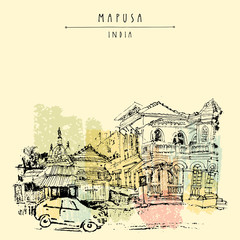 Mapusa, Goa, India. Artistic drawing on paper. Travel sketch. Vintage hand drawn postcard template