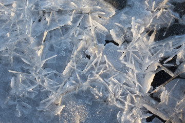 Abstract art from nature. Detailed ice structures on sunset. 