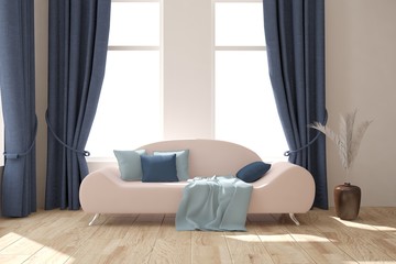 White living room interior with sofa. Scandinavian home design