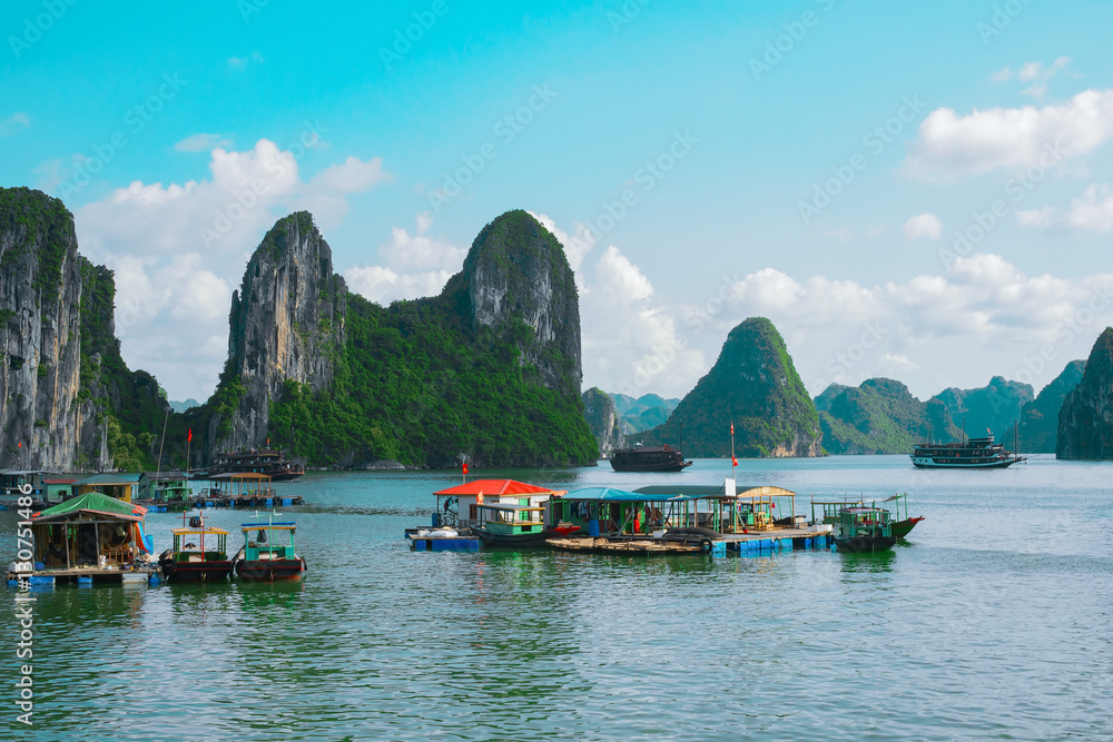 Wall mural Floating village, boat cruise, Halong Bay, Vietnam