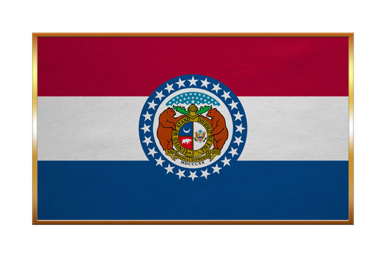 Flag of Missouri , golden frame, fabric texture