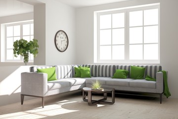 White living room interior with sofa. Scandinavian home design