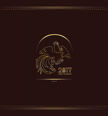 2017, Year of Fire Rooster in Chinese Horoscope. Brown and gold colors, symbol of new year. Hand drawn cartoon clip-art, vector illustration for greeting card, certificate, poster or gift package