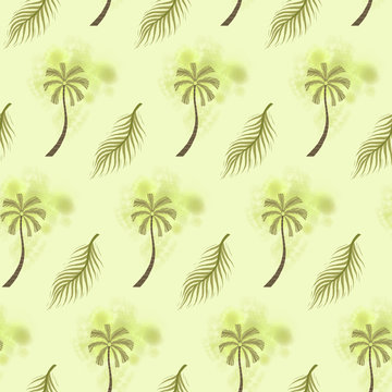 Coconut palm tree and palm leaf seamless pattern