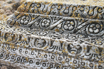 Pattern on one of the roman column at the Roman Carthage Antonine Bath, Tunisia