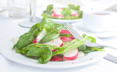 Salad with spinach, radish and green onion in the olive oil