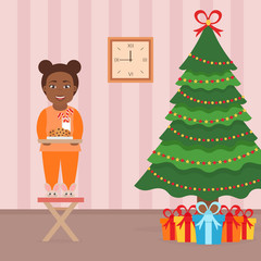 Obraz na płótnie Canvas Cute beautiful african girl child standing on a chair near the Christmas Tree. Room interior in vector flat style. Christmas vector illustration.