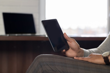 Business Man Hand Hold Blank Black Cell Smart Phone Closeup Businessman Sitting In Coworking Center Modern Office