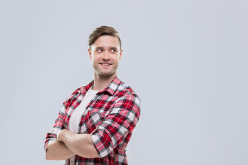 Casual Man Happy Smile Young Handsome Guy Folded Hands Wear Checked Shirt Isolated Over Grey Background