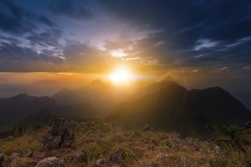 View from the highest mountain peak of Chiang Dao with beautiful cloudy sunset twilight sky, Chiang mai, Thailand