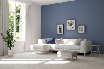 White living room interior with sofa
