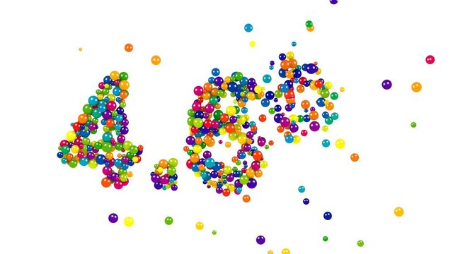 The shiny colorful 3D marbles form the four point six percent sign isolated on white.