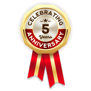 Red celebrating 5 years badge, rosette with gold border and ribbon