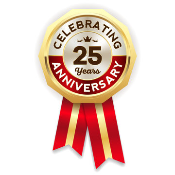 Red celebrating 25 years badge, rosette with gold border and ribbon