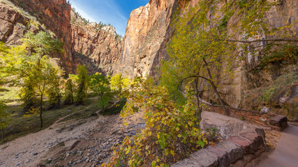 Beautiful paved hike along the Virgin River. Zion National Park, Utah, USA