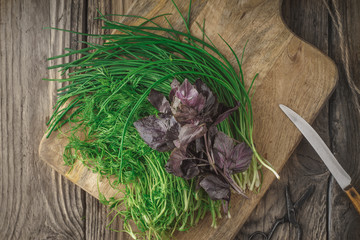 Fresh herbs and a knife on a cutting board