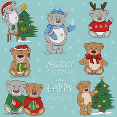 Illustration of toy bears in Christmas and New Year