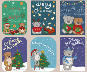 Christmas and New Year greeting cards with toy bears / 6 greeting cards Happy New Year and Merry Christmas