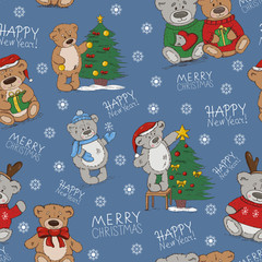 Seamless holiday pattern with funny toy bears