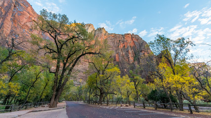 Beautiful paved hike along the Virgin River. Zion National Park, Utah, USA