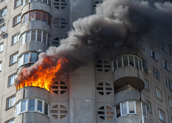 Fire in residential building at Obolon district in Kyiv, Ukraine