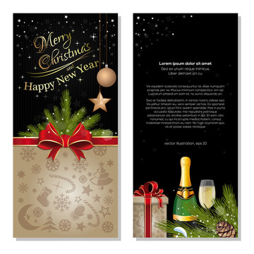 Black background for Christmas and New Year. Greeting card with red ribbon, bow, spruce branches, bottle of champagne, gift box and other symbols of Christmas. Vector flyer template