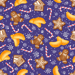 Christmas background with gingerbread and slices of mandarin.