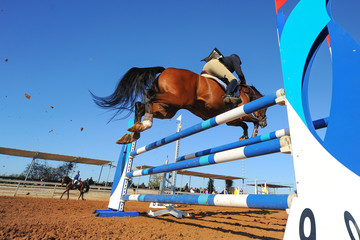 Rider on horse jumping over a hurdle during the equestrian event