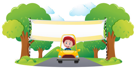 Banner template with boy driving yellow car in park