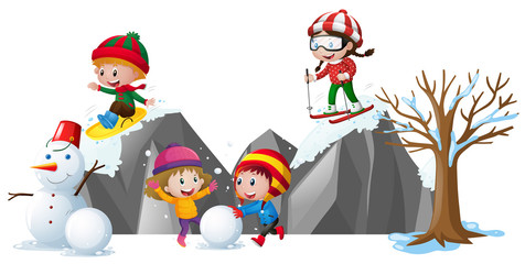 Children playing with snow in the field