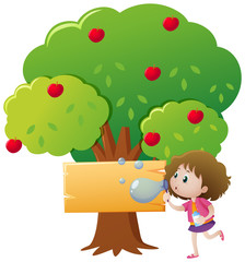Sign template with apple tree and girl blowing bubbles