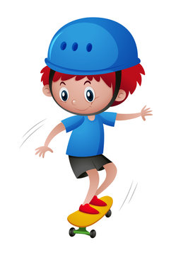 Little boy in blue helmet playing skateboard