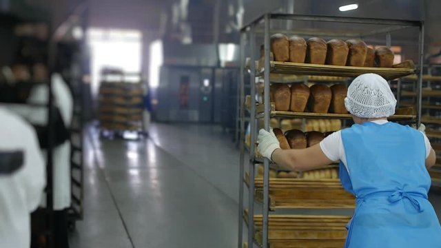 baking bread, the worker takes ready fresh bread for sale