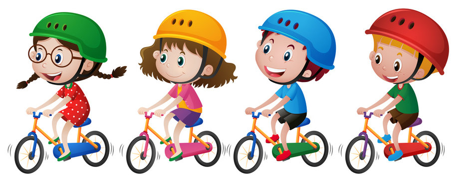 Four kids riding bike with helmet on