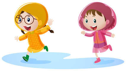 Two girls in raincoat running