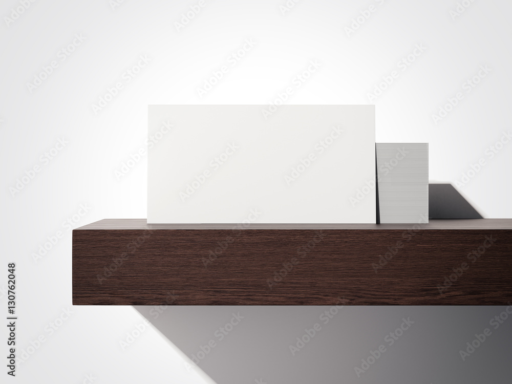Poster stack of white business cards on a shelf. 3d rendering