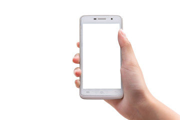 mobile phone in hand isolated on white background with clipping path