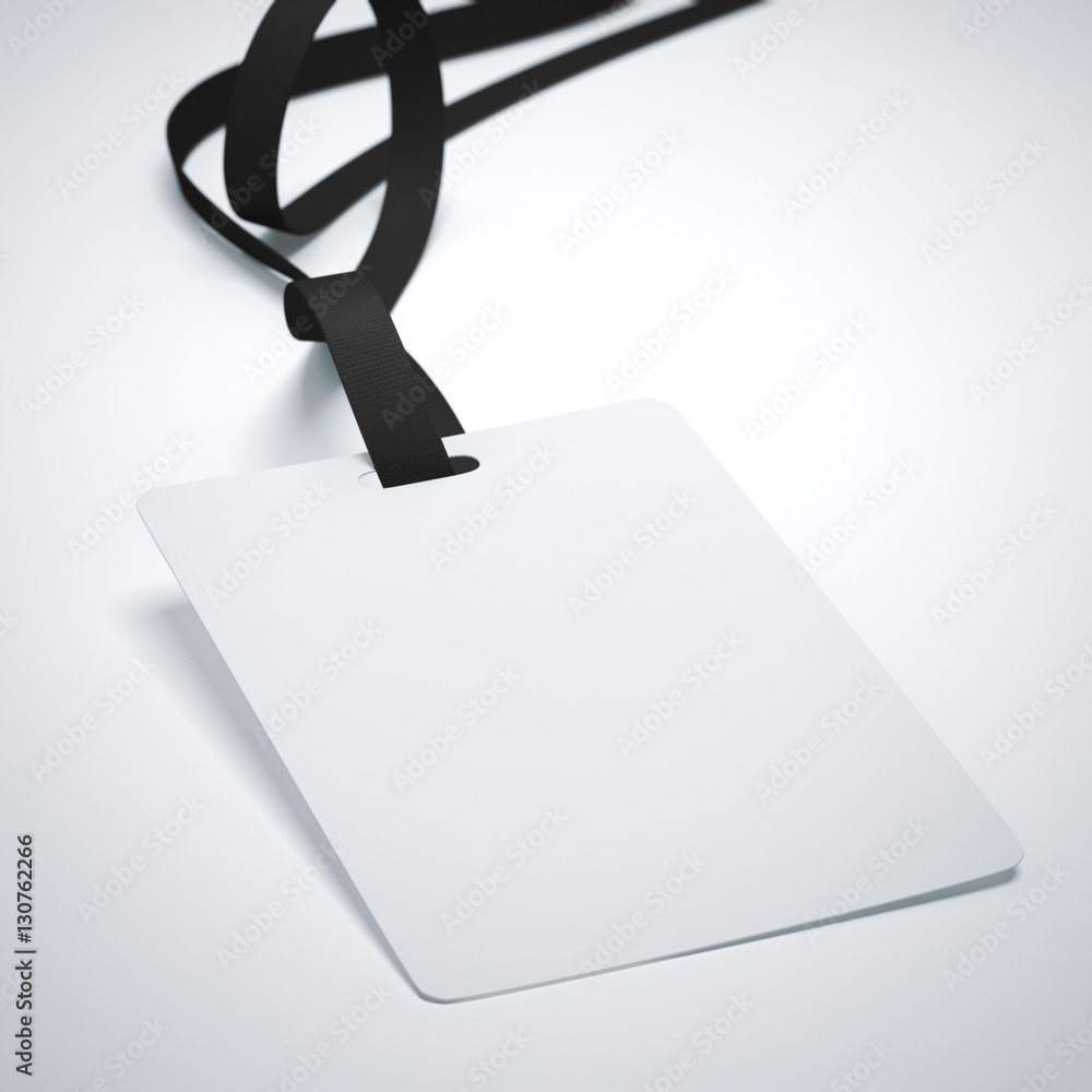 Poster white badge with neckband and dark tape. 3d rendering