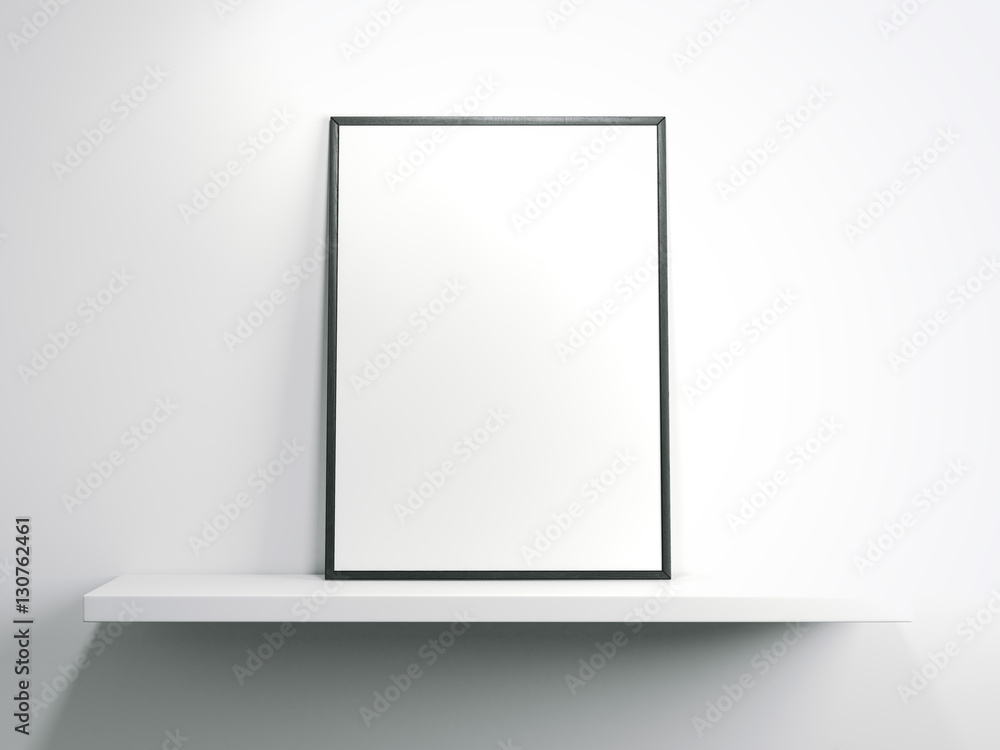 Poster white shelf with blank frame. 3d rendering