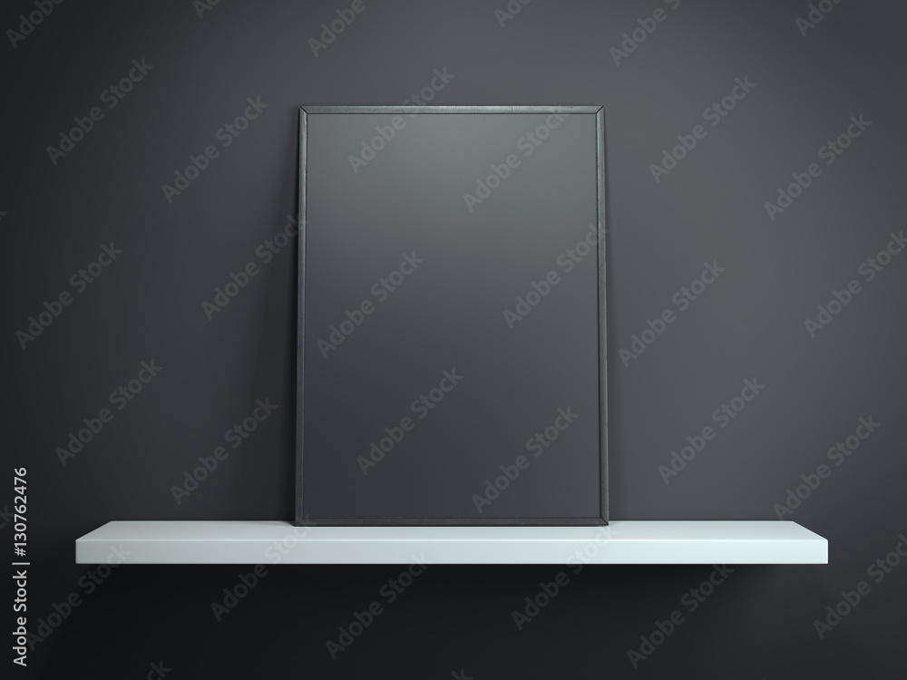 Poster white shelf with blank black frame. 3d rendering