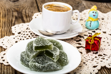 Green apple marmalade and coffee with milk