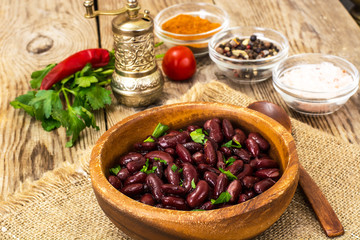 Red beans boiled in wooden bowl