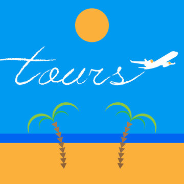 Cartoon jet airplane writing a word 'Tours' in the sky. Airliner fly above sea and beach with palms. Flat vector clip art, template for travel agency.